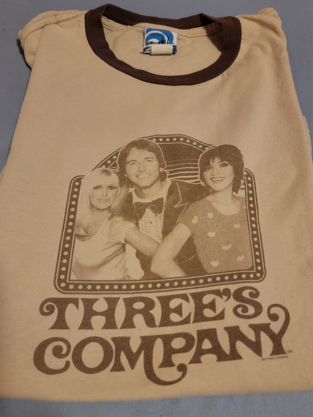 Three's Company Retro Ringer Tee in Cream with Brown Trim